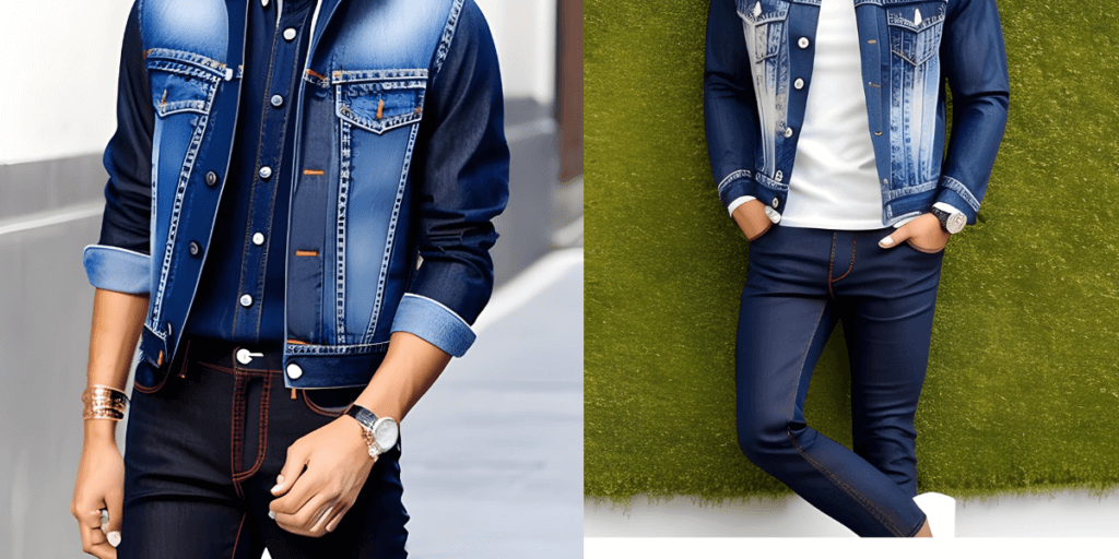Monochromatic Style with a Denim Jacket in two pictures where two man wearing denim jacket over navy blue shirt or white tshirt