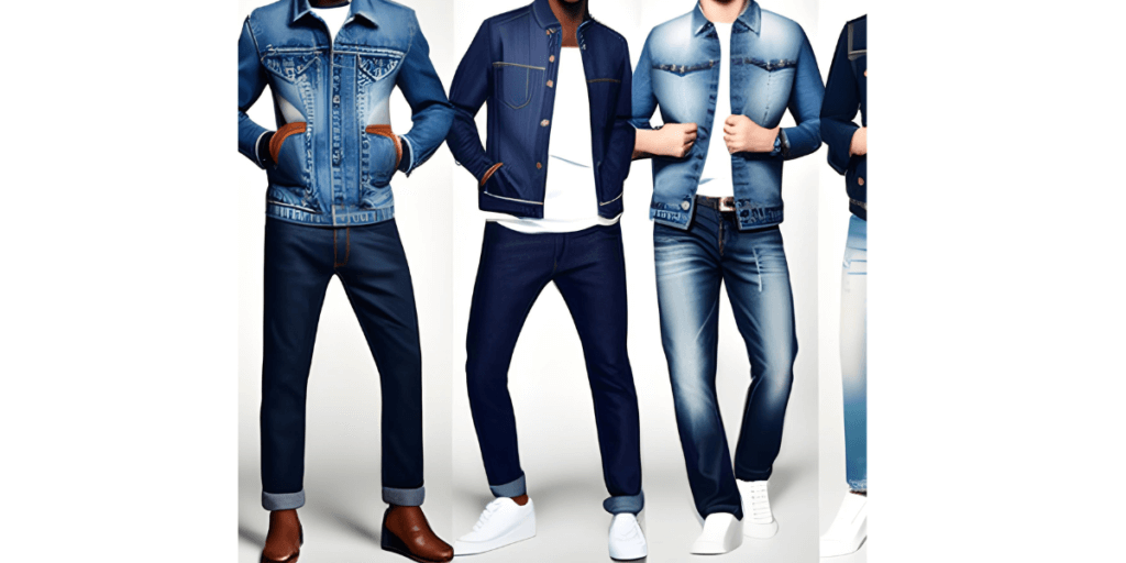 four men wearing different types of jeans with denim jacket of different style and color and standing in different poses