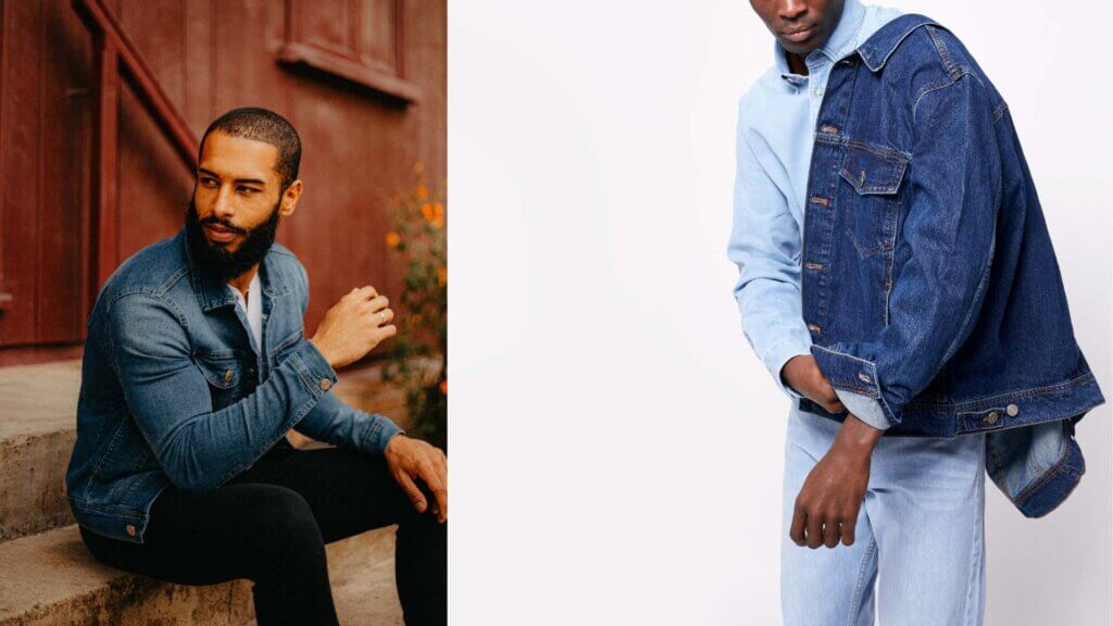Men of two different body shape wearing denim jacket with different color of jeans of different shape in one college of picture