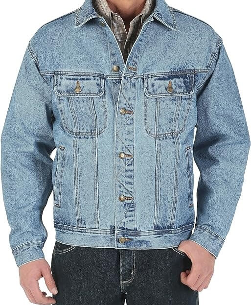 A man wearing a textured denim jacket with classic pants of jeans.