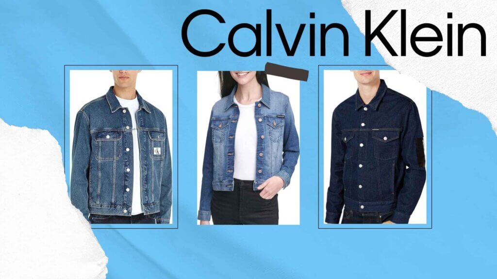 college of three images of calvin klein denim jacket worn by one women in the middle individual models