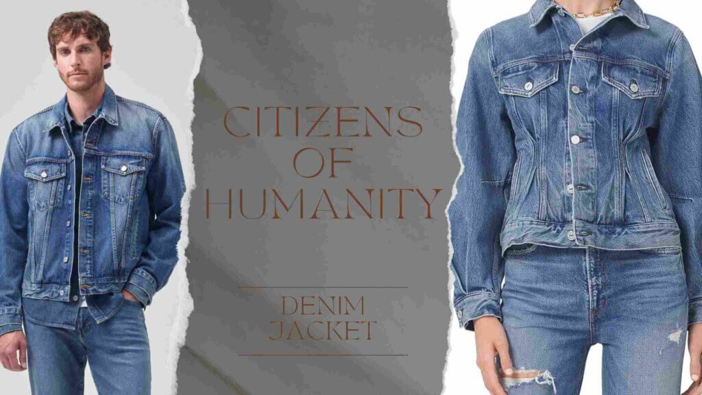 college of two images of Citizens of humanity denim jacket worn by individual models one is male and other  is female