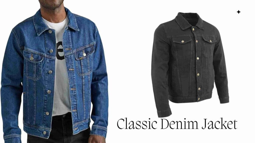 banner of two classic denim jacket. Left one is blue, worn by a man and right one is black ghost mannequin.