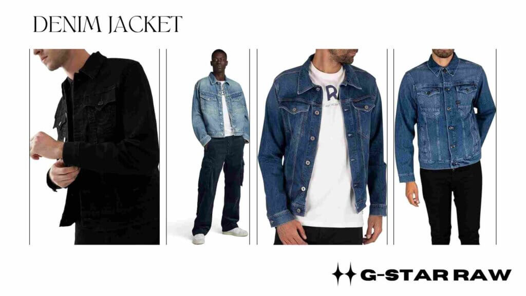 college of four images of G-STAR RAW denim jacket worn by individual models