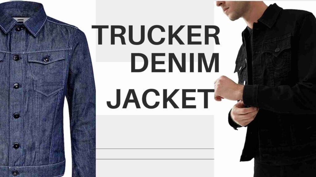 banner of two trucker type denim jacket. Left one is blue ghost mannequin., and right one is black  worn by a man 