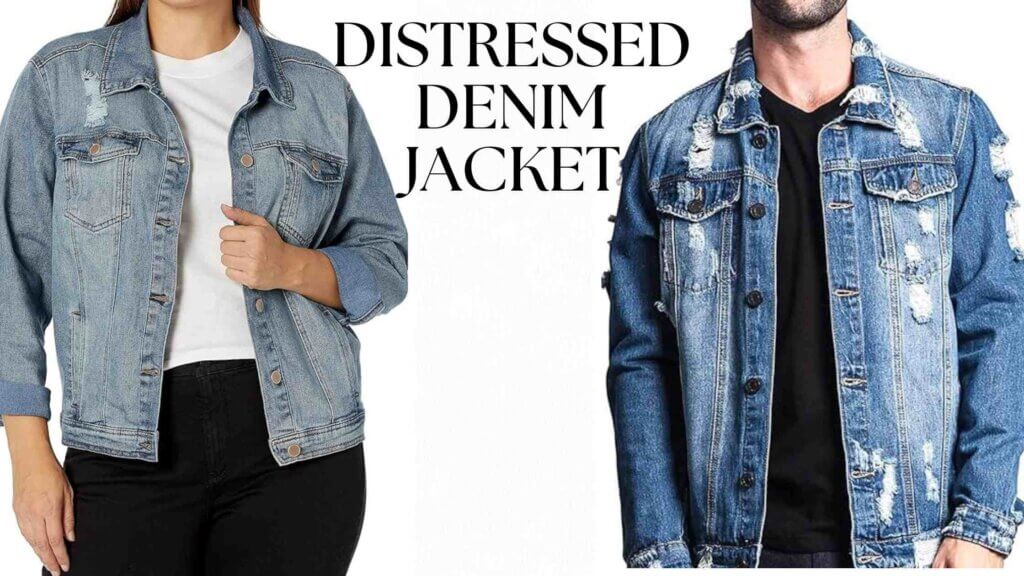 banner of distressed type denim jacket. in left a girl is wearing this type of denim jacket and in right a men wearing it over black tshirt.