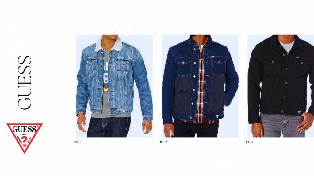 college of three images of guess brand's denim jacket worn by individual models