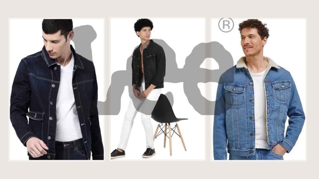 college of three images of lee denim jacket worn by individual models