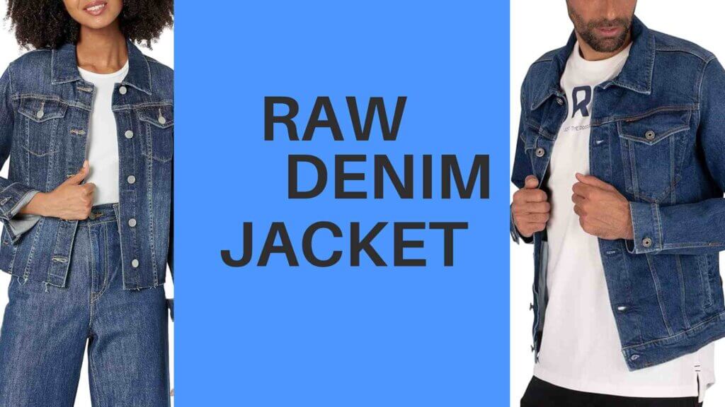 raw denim jacket's banner. in left a girl is wearing this type of denim jacket and in right a men wearing it.