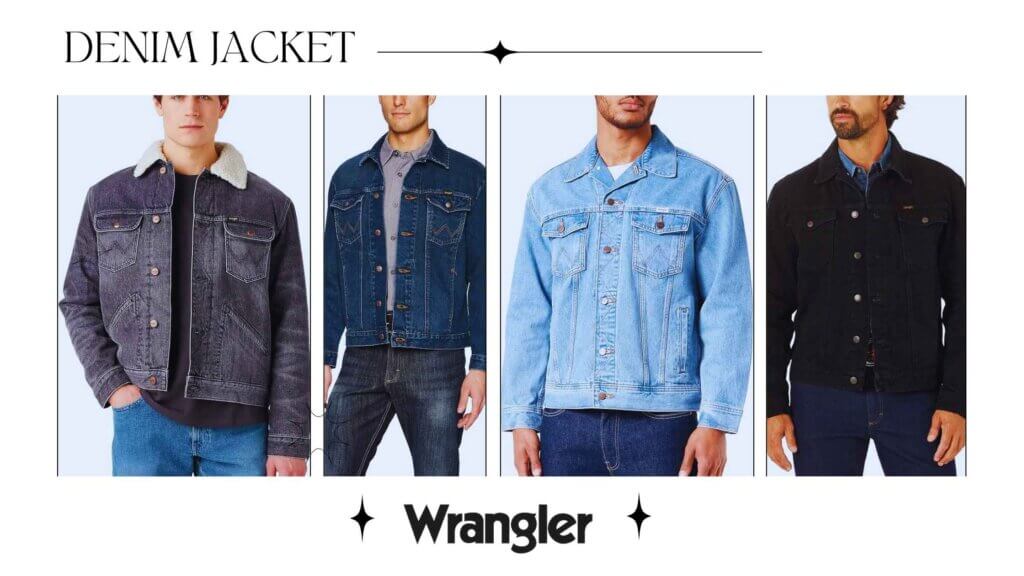 college of four images of wrangler brand's denim jacket worn by four individual models
